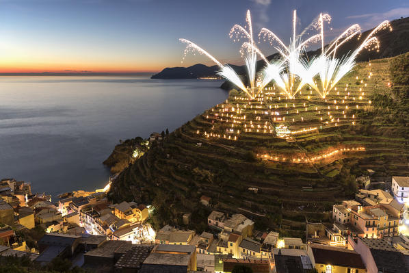 Fireworks in Manarola, Cinque Terre, municipality of Riomaggiore, La Spezia provence, Liguria, Italy, Europe