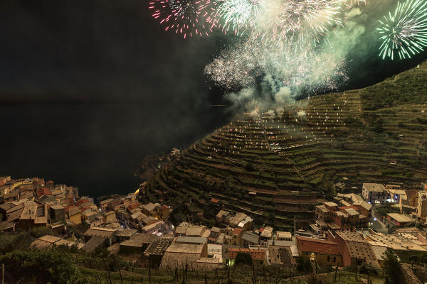 Fireworks in Manarola, Cinque Terre, municipality of Riomaggiore, La Spezia provence, Liguria, Italy, Europe