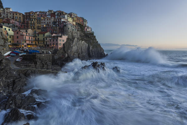 Seastorm in Manarola, Cinque Terre, municipality of Riomaggiore, La Spezia provence, Liguria, Italy, Europe