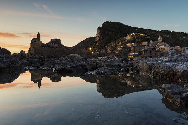 San Pietro Church at mirror, municipality of Portovenere, La Spezia provence, Liguria, Italy, Europe