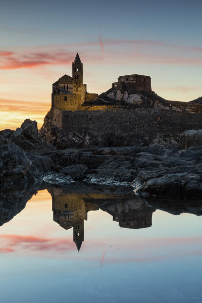 San Pietro Church at mirror, municipality of Portovenere, La Spezia province, Liguria, Italy, Europe