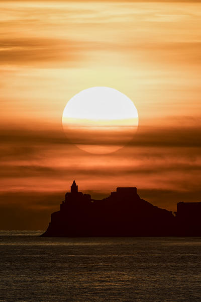 San Pietro Church at sunset, municipality of Portovenere, La Spezia provence, Liguria, Italy, Europe