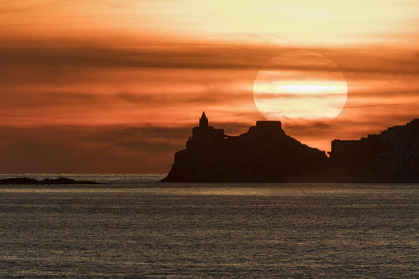 San Pietro Church at sunset, municipality of Portovenere, La Spezia provence, Liguria, Italy, Europe