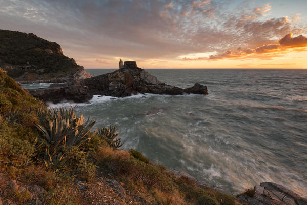 San Pietro Church at sunset, municipality of Portovenere, La Spezia province, Liguria, Italy, Europe