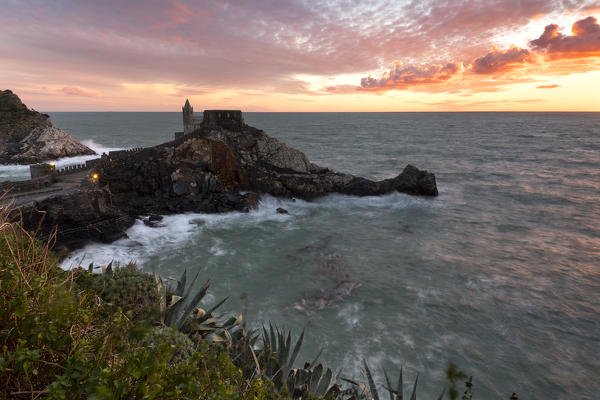 San Pietro Church at sunset, municipality of Portovenere, La Spezia province, Liguria, Italy, Europe