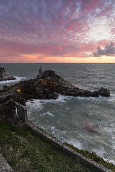 San Pietro Church at sunset, municipality of Portovenere, La Spezia province, Liguria, Italy, Europe