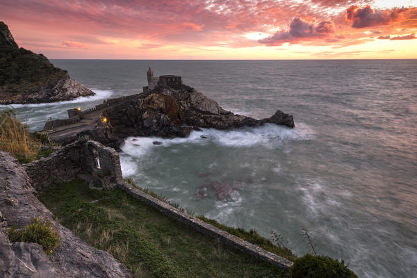 San Pietro Church at sunset, municipality of Portovenere, La Spezia province, Liguria, Italy, Europe
