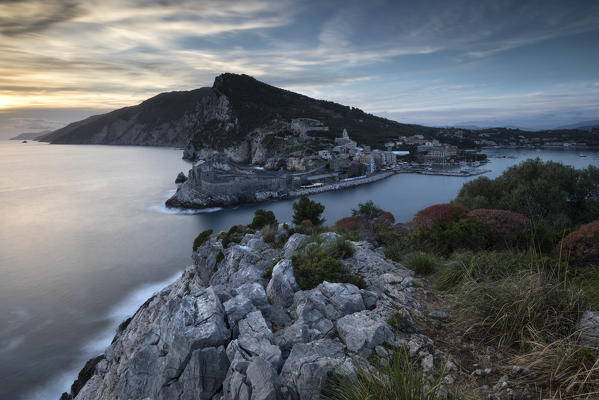 sunset in Portovenere from Palmaria island, La Spezia province, Liguria, Italy, Europe