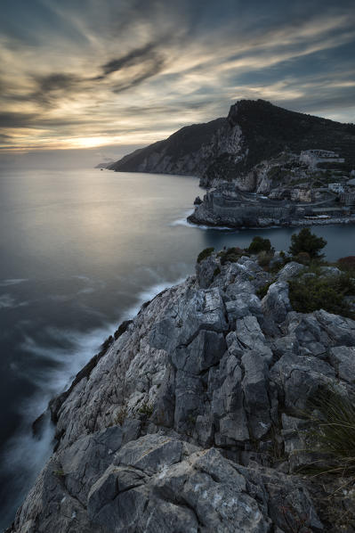 sunset in Portovenere from Palmaria island, La Spezia province, Liguria, Italy, Europe