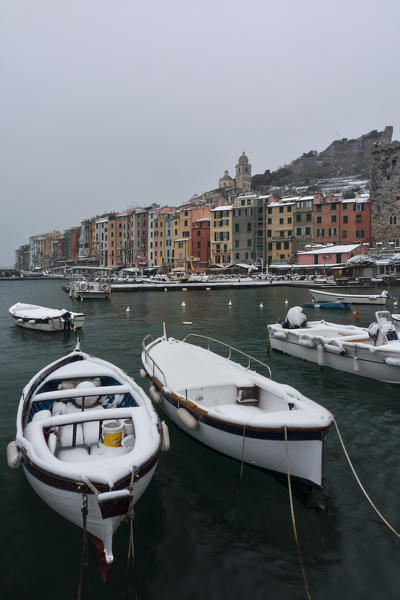 snow on Portovenere harbour, municipality of Portovenere, La Spezia province, Liguria, Italy, Europe
