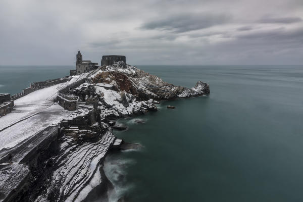 snow on San Pietro Church, municipality of Portovenere, La Spezia province, Liguria, Italy, Europe