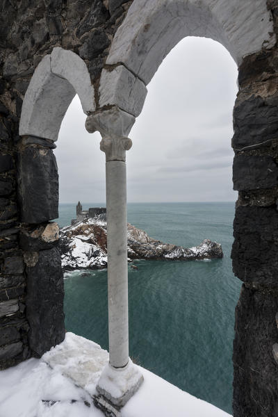 snow on San Pietro Church, municipality of Portovenere, La Spezia province, Liguria, Italy, Europe