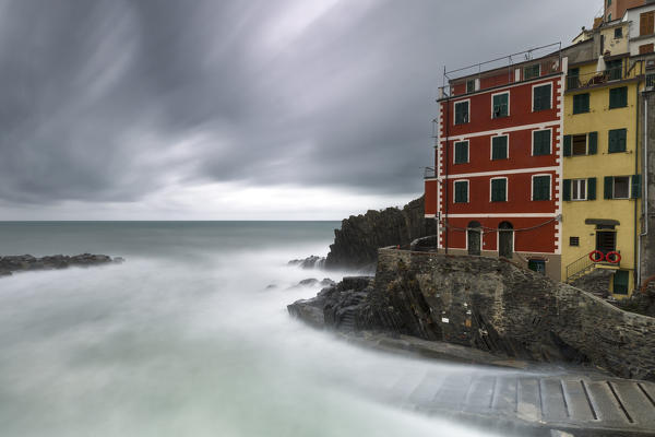 Cloudy day in Riomaggiore, Cinque Terre, municipality of Riomaggiore, La Spezia provence, Liguria, Italy, Europe