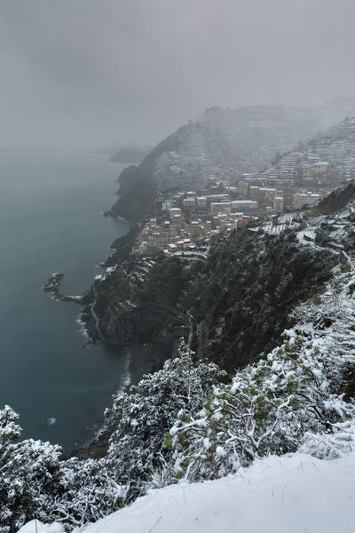 Snow in Riomaggiore, municipality of Riomaggiore, La Spezia provence, Liguria district, Italy, Europe