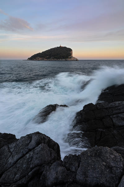 Summer sunset at Tino Island, municipality of Porto Venere, La Spezia province, Liguria, Italy, Europe