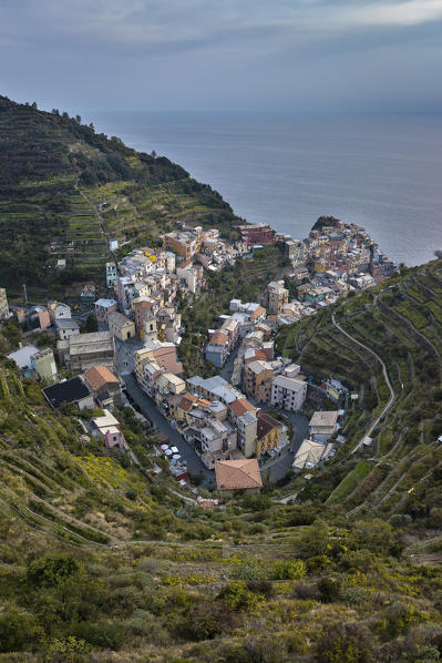 aerial view of Manarola, Cinque Terre, municipality of Riomaggiore, La Spezia province, Liguria, Italy, Europe