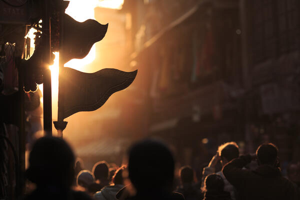 Nepali flag silhouette in Thamel road, Kathmandu, Nepal,Asia