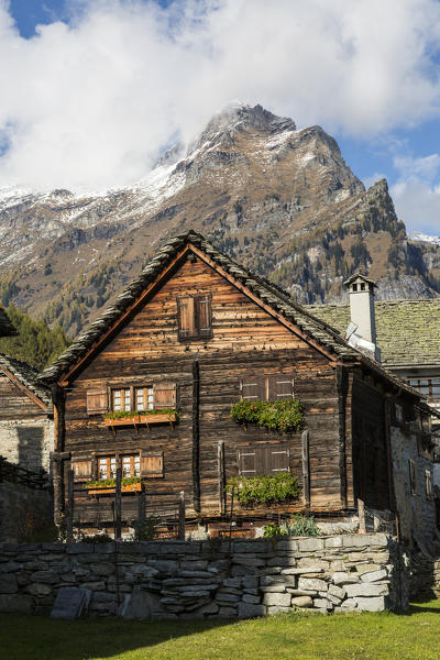 Traditional wood house in the alpine walser village of Salecchio, Val Formazza, Verbano Cusio Ossola province, Piedmont, Italy