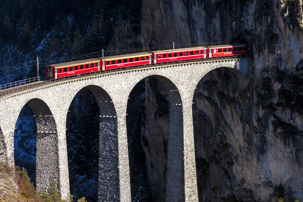 Bernina Express train on Landwasser Viaduct, Filisur, canton of Graubunden, Switzerland
