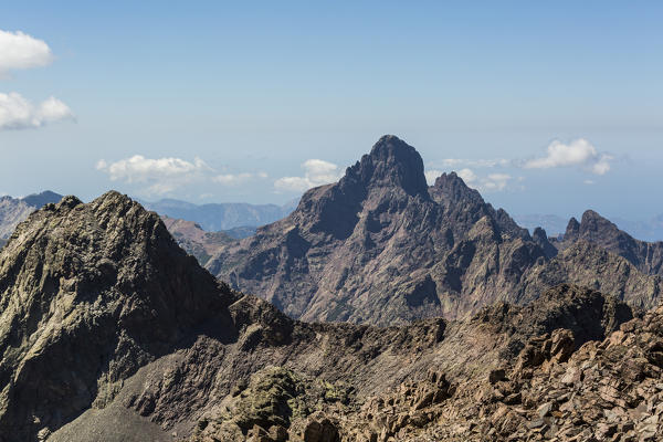 The rocky peak of Paglia Orba seen from Monte Cinto, Haut-Asco, Corte, Corsica, France