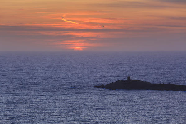 Sunset on Tower of Omigna (Tour d'Omigna), Cargese, Corsica, France