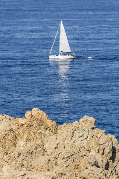 Sailboat in the surroundings of Tower of Omigna (Tour d'Omigna), Cargese, Corsica, France