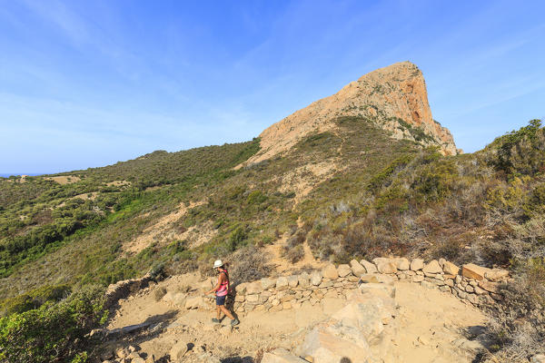 Hiker on footpath towards Capu Rossu, Cargese, Corsica, France