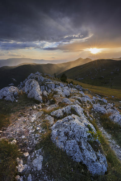 Sunset at Rocca Calascio with a view of Gran Sasso,  Calascio, L'Aquila, Abruzzo, Italy, Southern Europe