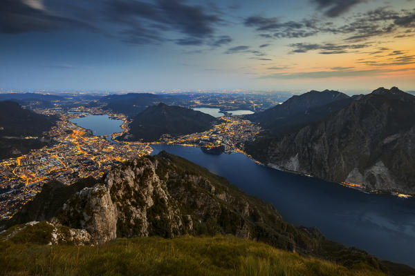 Sunset over Lecco from Coltignone mountain, Grigne Group, Lecco, Lombardy, Italy, Southern Europe