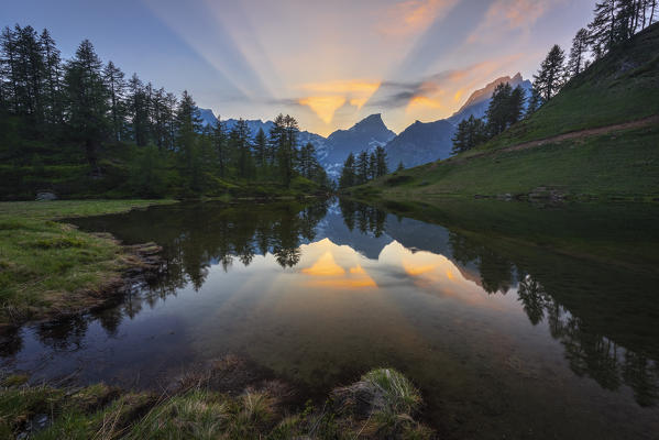 Sangiatto lake at sunset, Parco Naturale dell'Alpe Veglia e dell'Alpe Devero, Verbano Cusio Ossola, Alpi Lepontine, Piemonte, Italy, Southern Europe
