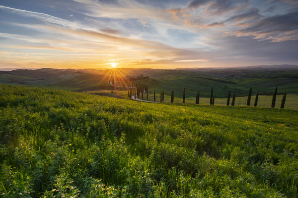 Podere Baccoleno at sunset, Asciano, Siena, Tuscany, Italy, Southern Europe