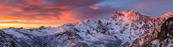 Monte Rosa at sunrise, Macugnaga, Passo Monte Moro, Verbano Cusio Ossola, Piemonte, Italy, Southern Europe