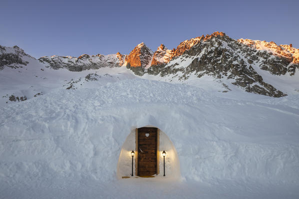 An igloo room of Capanna Presena at sunrise, Trento, Val Presena, Trentino Alto Adige, Italy, Southern Europe