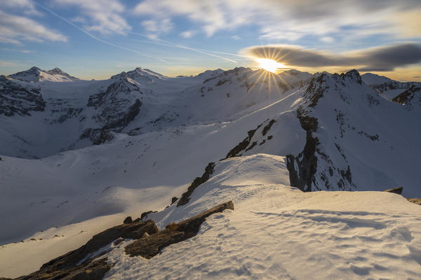 View of sunset at Passo Presena, Trento, Val Presena, Trentino Alto Adige, Italy, Southern Europe