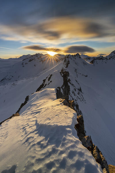 View of sunset at Passo Presena, Trento, Val Presena, Trentino Alto Adige, Italy, Southern Europe