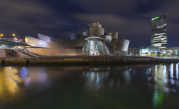 Guggenheim Museum at night, Bilbao, Basque country, Spain, Iberian Peninsula, Western Europe
