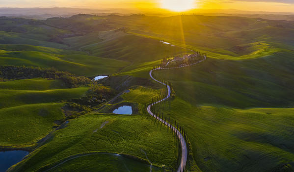 Podere Baccoleno at sunset, Asciano, Siena, Tuscany, Italy, Southern Europe