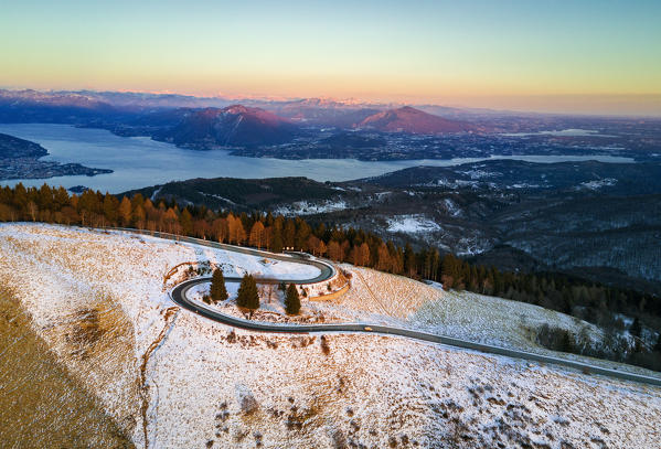 Aerial view of Mottarone and Lake Maggiore, Novara, Verbano Cusio Ossola, Piedmont, Italy, Southern Europe