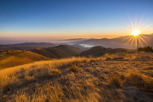 A view of Orta lake from Mottarone at sunset, Novara, Verbano Cusio Ossola, Piedmont, Italy, Southern Europe
