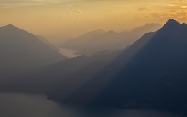 Elevated view of Como lake and Lugano Lake at sunset, Casargo, Lecco,  Monte Muggio, Alpe Giumello, Valvarrone, Lombardy, Italy, Southern Europe