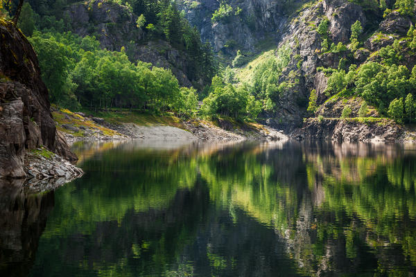 Reflections at Antrona lake, Antrona Schieranco, Verbano Cusio Ossola, Piedmont, Italy, Southern Europe