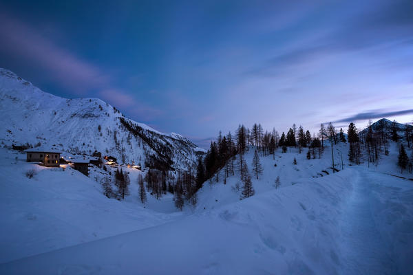 Cheggio lake at dusk during winter, Cheggio, Antrona Schieranco, Verbano Cusio Ossola, Piedmont, Italy, Southern Europe