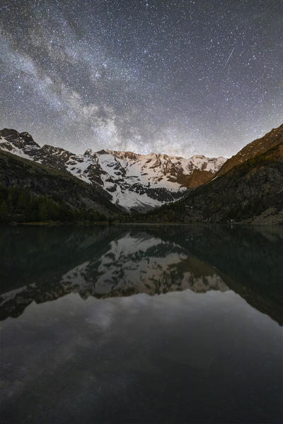 Aviolo lake and milyway during starry night, Edolo, Val Paghera, Adamello Regional Park, Brescia, Lombardy, Italy, Southern Europe