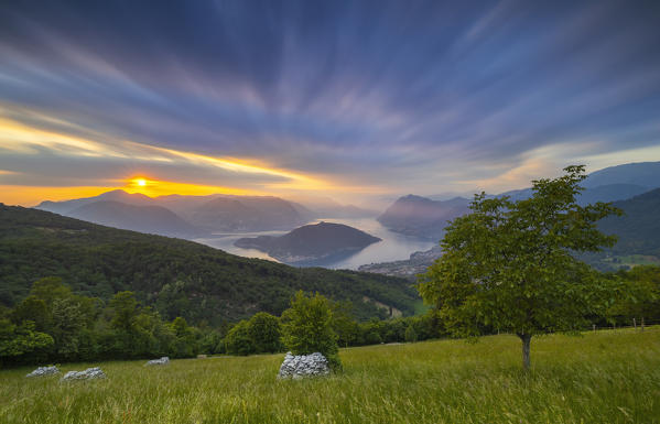 Sunset over Iseo lake from Colmi di Polaveno, Polaveno, Brescia, Lombardy, Italy, Southern Europe