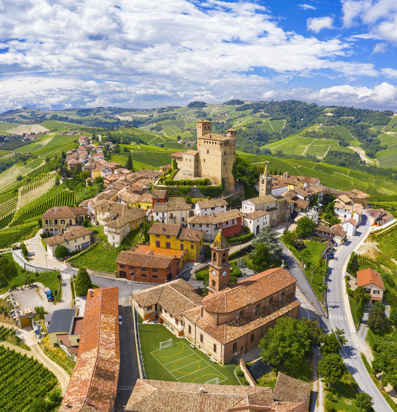 Elevated view of Serralunga D’Alba village and its castle, Cuneo, Langhe, Piedmont, Italy, Southern Europe
