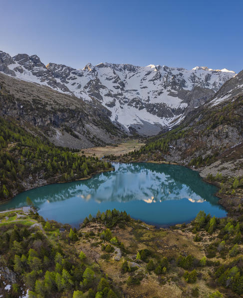 Elevated view of Aviolo Lake and mountains at sunrise, Edolo, Val Paghera, Adamello park, Brescia, Lombardy, Italy, Southern Europe