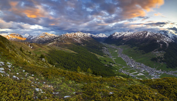 Elevated view from Crap del la Parè of Livigno and mountains that sourround it at sunset, Sondrio, Valtellina, Lombardy, Italy, Southern Europe