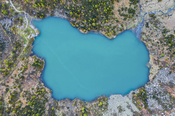 Aerial view of Aviolo lake, Edolo, Val Paghera, Adamello park, Brescia, Lombardy, Italy, Southern Europe