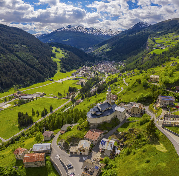 Aerial view of Pedenosso Church and Isolaccia in the background, Valdidentro, Sondrio, Lombardy, Italy, Southern Europe