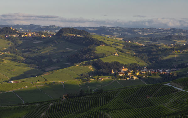 Barolo and Monforte D'Alba at sunset from La Morra, Cuneo, Langhe e Roero, Piedmont, Italy, Southern Europe
